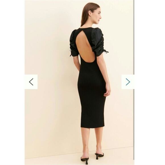 Anthropologie En Saison Fitted Maxime Midi Dress Puff Sleeves Black Size Medium - Picture 3 of 11